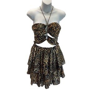 Revolve LPA‎ cut out Cheetah print Ruffled sleeveless Sexy mini dress halter MED